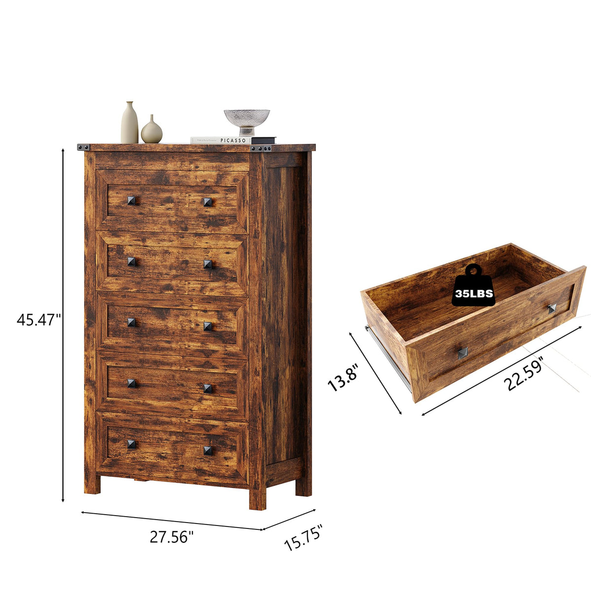 Brown Tall 5 Drawer Wood Dresser with Metal Handles W8081