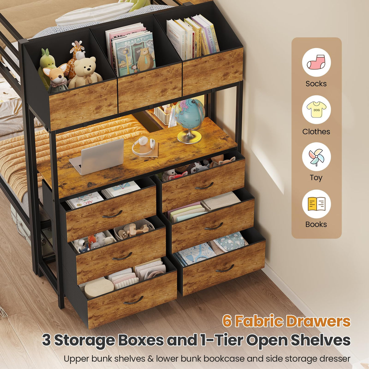 Twin Over Twin Metal Bunk Bed with 6 Storage Drawers, Led Lights and Charging Station, Black G413
