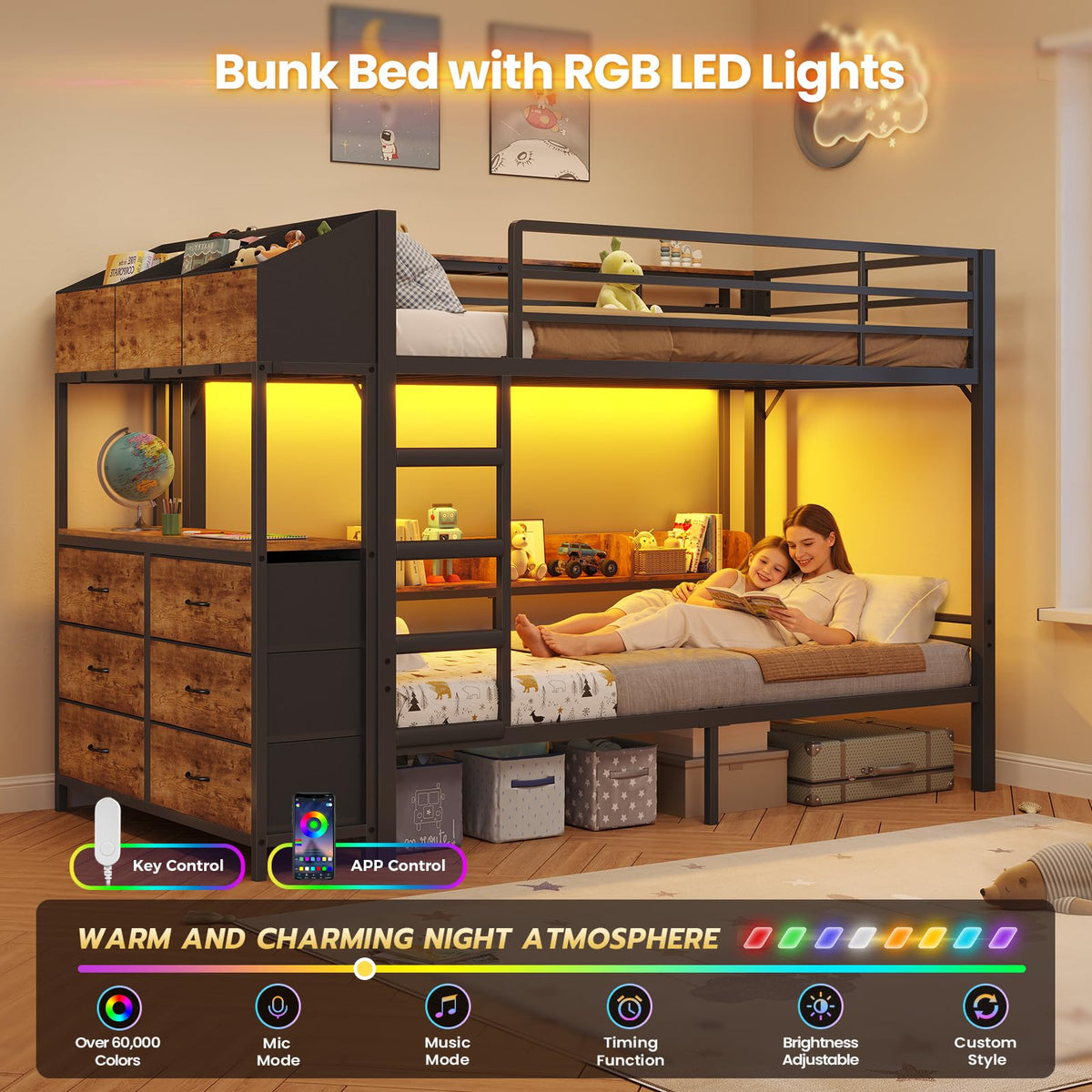 Twin Over Twin Metal Bunk Bed with 6 Storage Drawers, Led Lights and Charging Station, Black G413