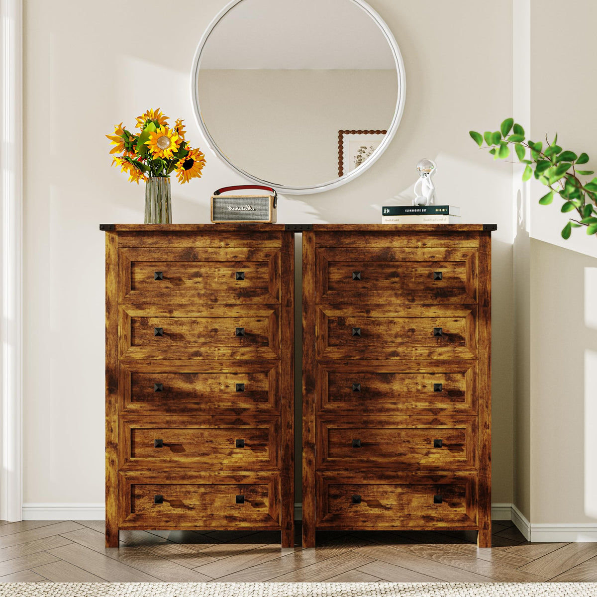 Brown Tall 5 Drawer Wood Dresser with Metal Handles W8081