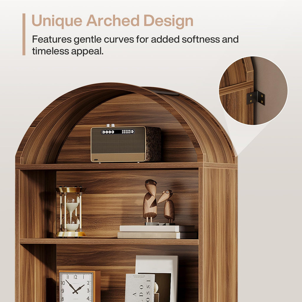 76.8" Tall Arched Bookcase with File Cabinet Drawer, Walnut Brown X940