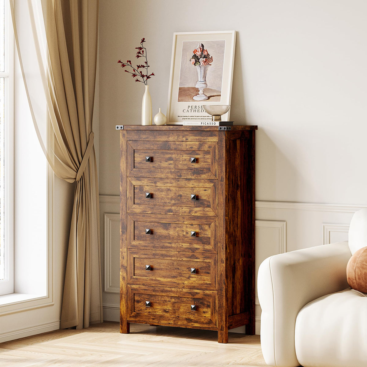 Brown Tall 5 Drawer Wood Dresser with Metal Handles W8081