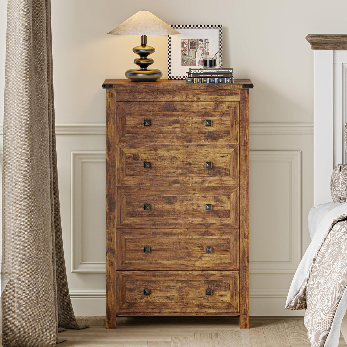 Brown Tall 5 Drawer Wood Dresser with Metal Handles W8081