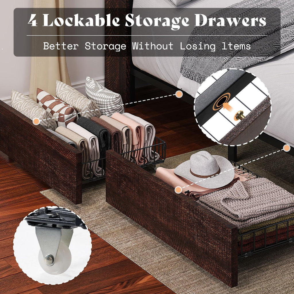 King Brown Storage Bed with Bookcase Headboard & Drawer M1220