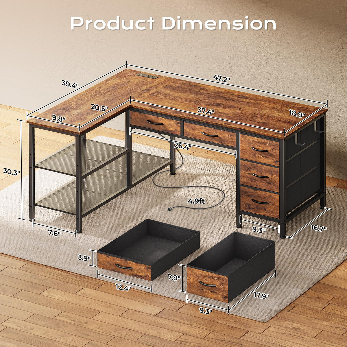 47 Inch L Shaped Desk with Power Outlets N656505