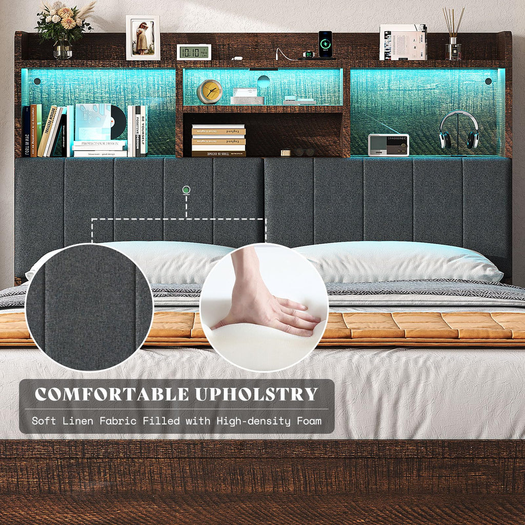 King Brown Storage Bed with Bookcase Headboard & Drawer M1220