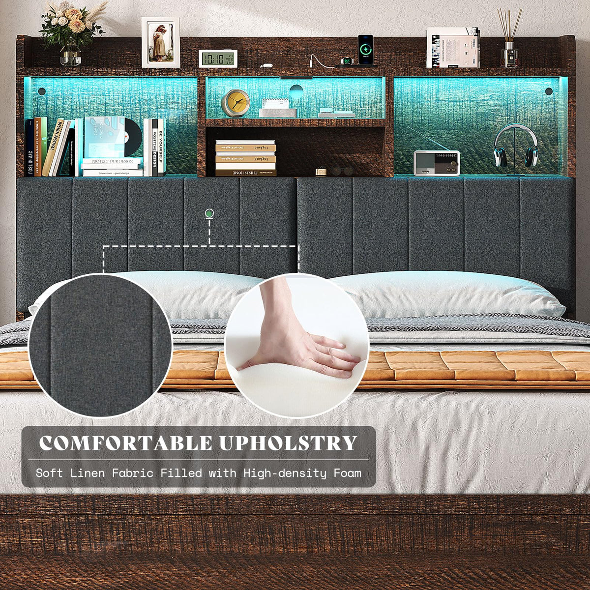 King Brown Storage Bed with Bookcase Headboard & Drawer M1220