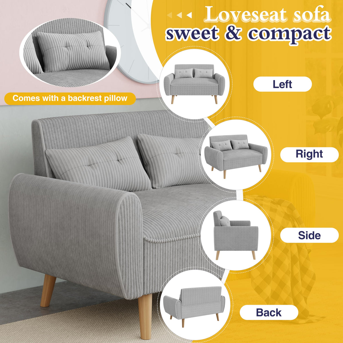 Light Grey 2 Seat Loveseat Sofa with Tapered Legs F103