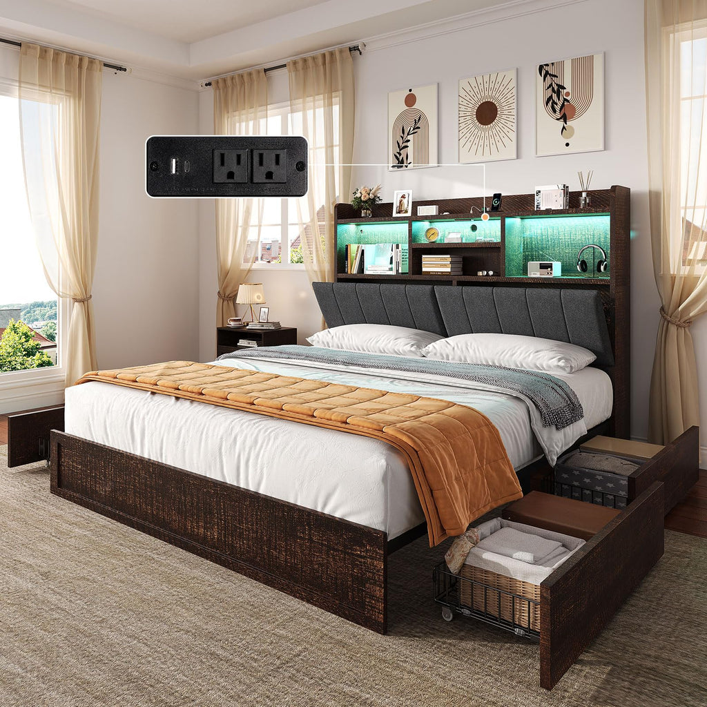 King Brown Storage Bed with Bookcase Headboard & Drawer M1220