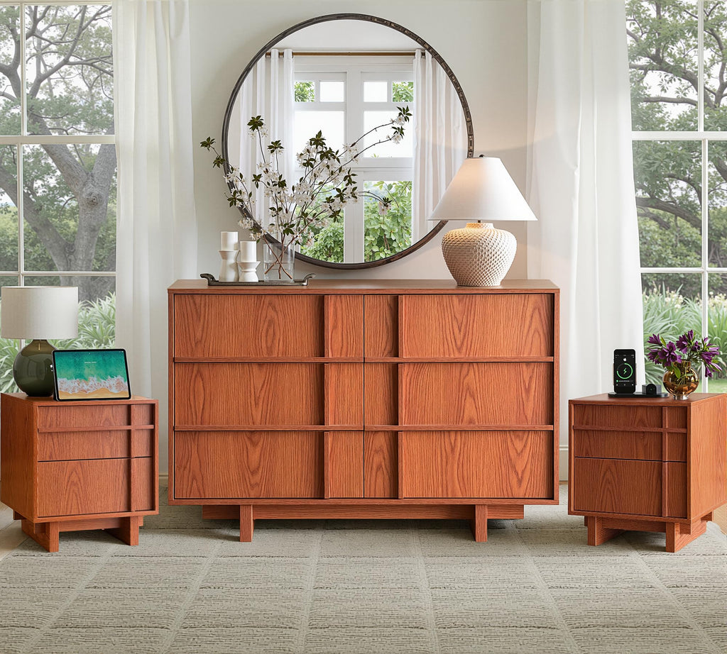 47" Wide 6 Drawer Dresser and Nightstand Set 3 Piece, Cherry F76264